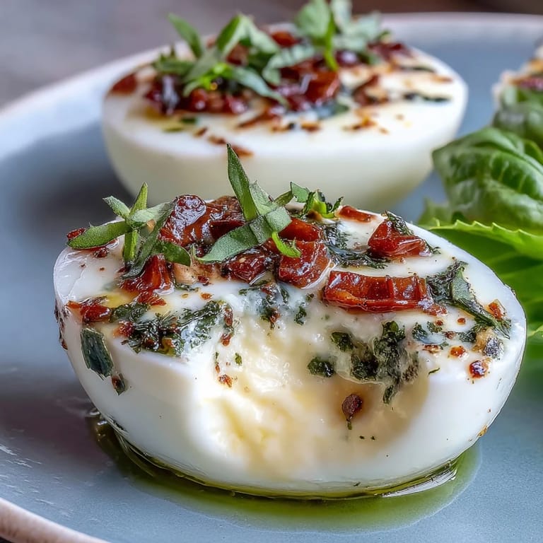 Bright Caprese deviled eggs with mozzarella and vibrant basil oil drizzle.