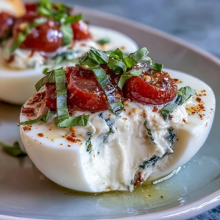 Easy Caprese deviled eggs appetizer, garnished with juicy tomatoes and basil.