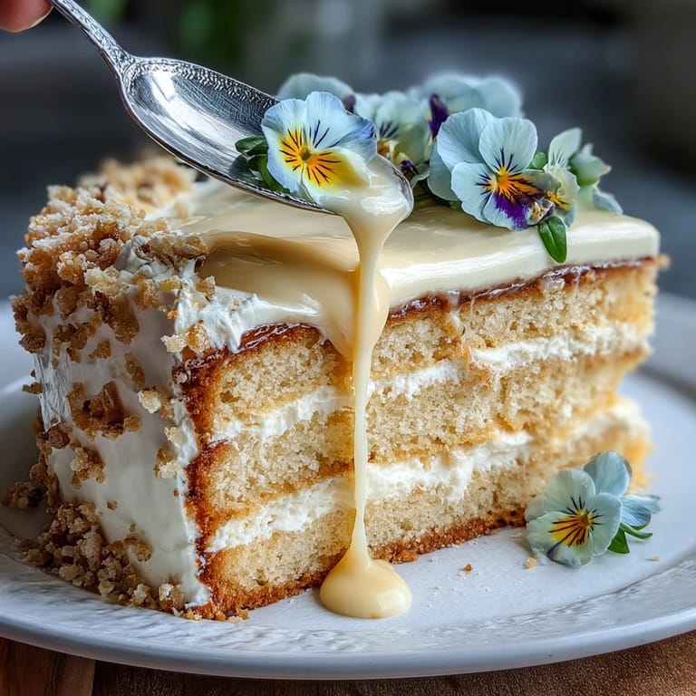 A slice of Mother's Day Lemon Curd Layer Cake, showcasing bright yellow curd.