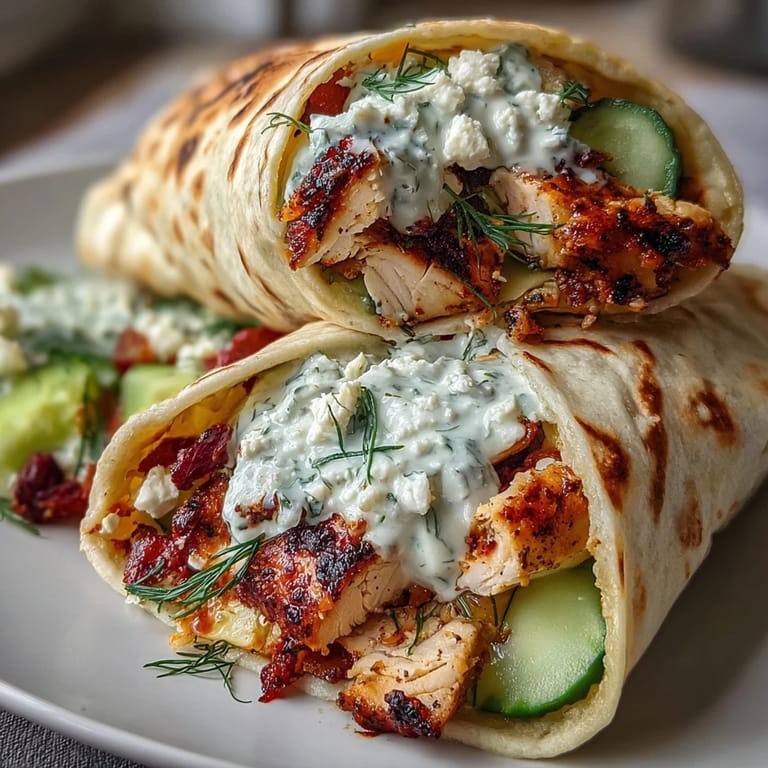 Mouthwatering Tzatziki Chicken Wraps bursting with Mediterranean flavors and creamy sauce.