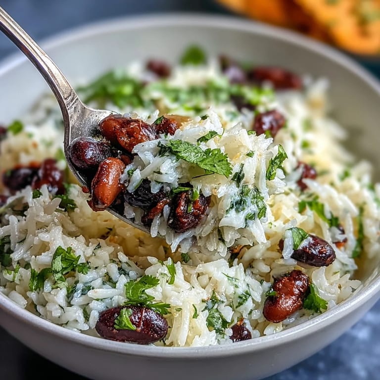 Savory Coconut Lime Rice, studded with black beans, perfect for a vegetarian meal.