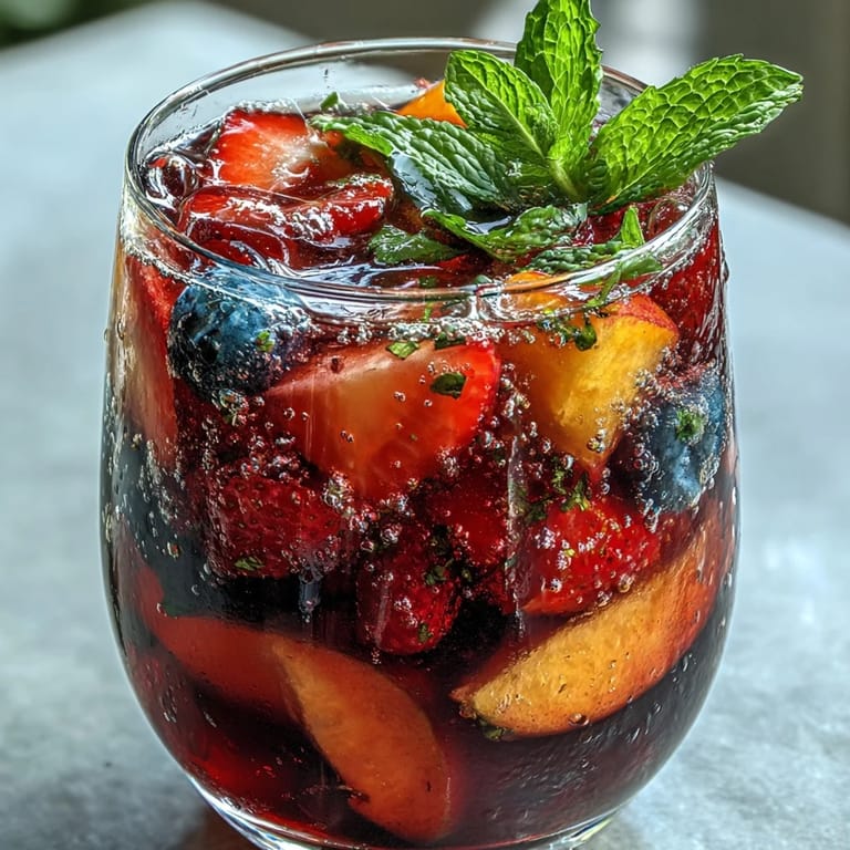 Chilled Summer Sangria Mocktail with ice, peach slices, and sparkling water.