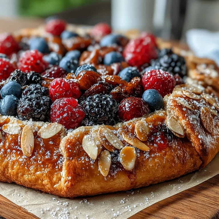 Golden almond crust overflows with glistening mixed berries, ready for serving.