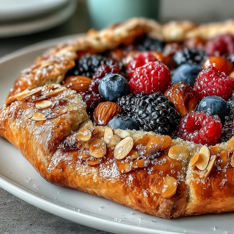 Close-up of a slice of summer berry galette, highlighting flaky almond crust.