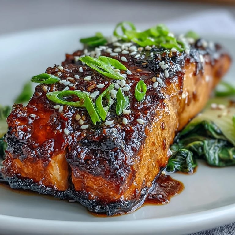 Succulent miso glazed salmon with vibrant, crisp sesame bok choy on a plate.