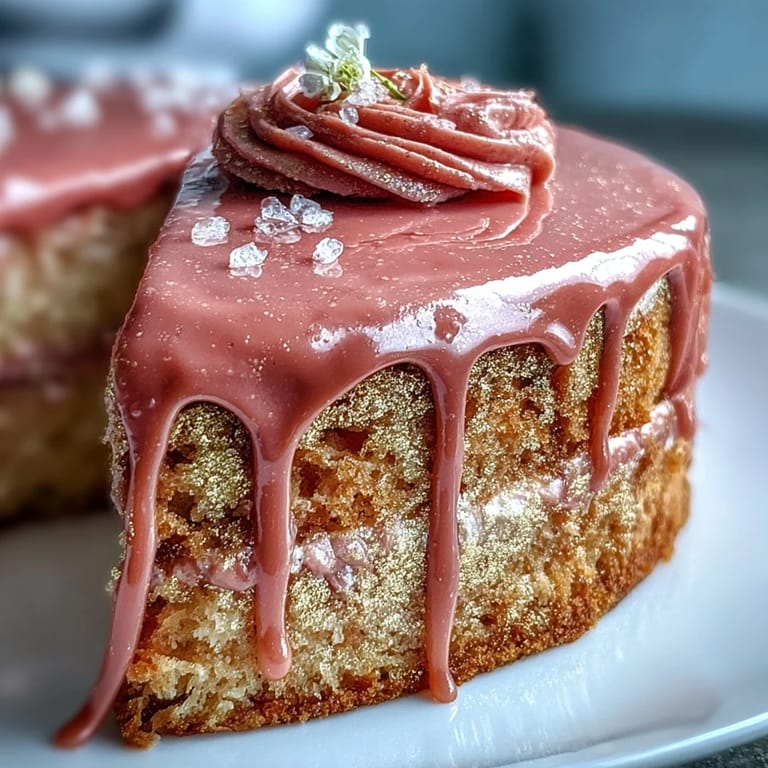 Deliciously moist Rosé Velvet Cake with a decadent, glossy gold drizzle.
