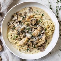 Creamy Mushroom Chicken Spaghettini features tender sliced chicken and whole wheat pasta tossed in a velvety mushroom Parmesan sauce.  
