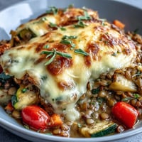 Hearty green lentil and vegetable casserole bubbling hot from the oven.
