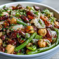 Colorful Three-Bean Salad glistening with tangy vinaigrette, perfect for summer picnics.
