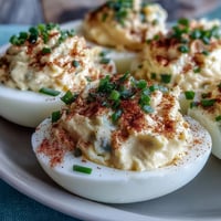 Golden yolks whipped with creamy filling fill halved egg whites, garnished with paprika and fresh chives on a platter.