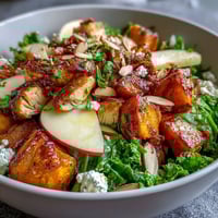 A bowl of Fall Sweet Potato Harvest Bowl with roasted chicken, caramelized sweet potatoes, fresh kale, and crumbled goat cheese.