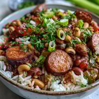 Fork-tender Black-Eyed Pea Jambalaya steaming in a bowl, garnished with fresh parsley and green onions.