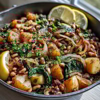 Freshly cooked Black-Eyed Pea Skillet Dinner with golden potatoes and wilted spinach in a rustic cast iron pan.