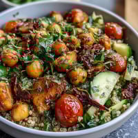 Colorful grain bowl with roasted chickpeas, fresh vegetables, and zesty lemon vinaigrette for a healthy, satisfying meal.