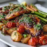 A colorful sheet pan chicken dinner with juicy chicken and crisp spring vegetables roasted to perfection.  
