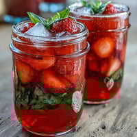 Strawberry Basil Lemonade Mocktail Pitcher: Refreshing summer drink with vibrant red strawberries, fresh green basil, and zesty lemon slices in a clear glass pitcher.