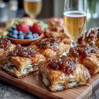 Vibrant Mothers Day brunch board with flaky pastries, fresh fruit, and mimosas for a festive morning spread.