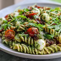 Fresh summer pasta salad with pesto, cherry tomatoes, and mozzarella, bursting with vibrant colors and fresh flavors for a light meal.