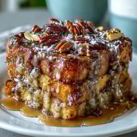 1. Traditional Mexican capirotada bread pudding with toasted bread, piloncillo syrup, raisins, and cheese in a warm casserole dish.
