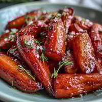 Golden honey-glazed roasted carrots with fresh thyme, tender and caramelized for a sweet, savory side dish.