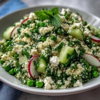 Spring Pea and Mint Couscous Salad with fresh peas and fragrant mint, a vibrant Mediterranean side dish for spring gatherings.