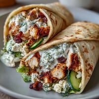 Tzatziki Chicken Wraps: Juicy grilled chicken, cool tzatziki, fresh veggies piled high.