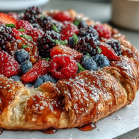 Rustic summer berry galette, showing plump berries inside a golden almond crust.